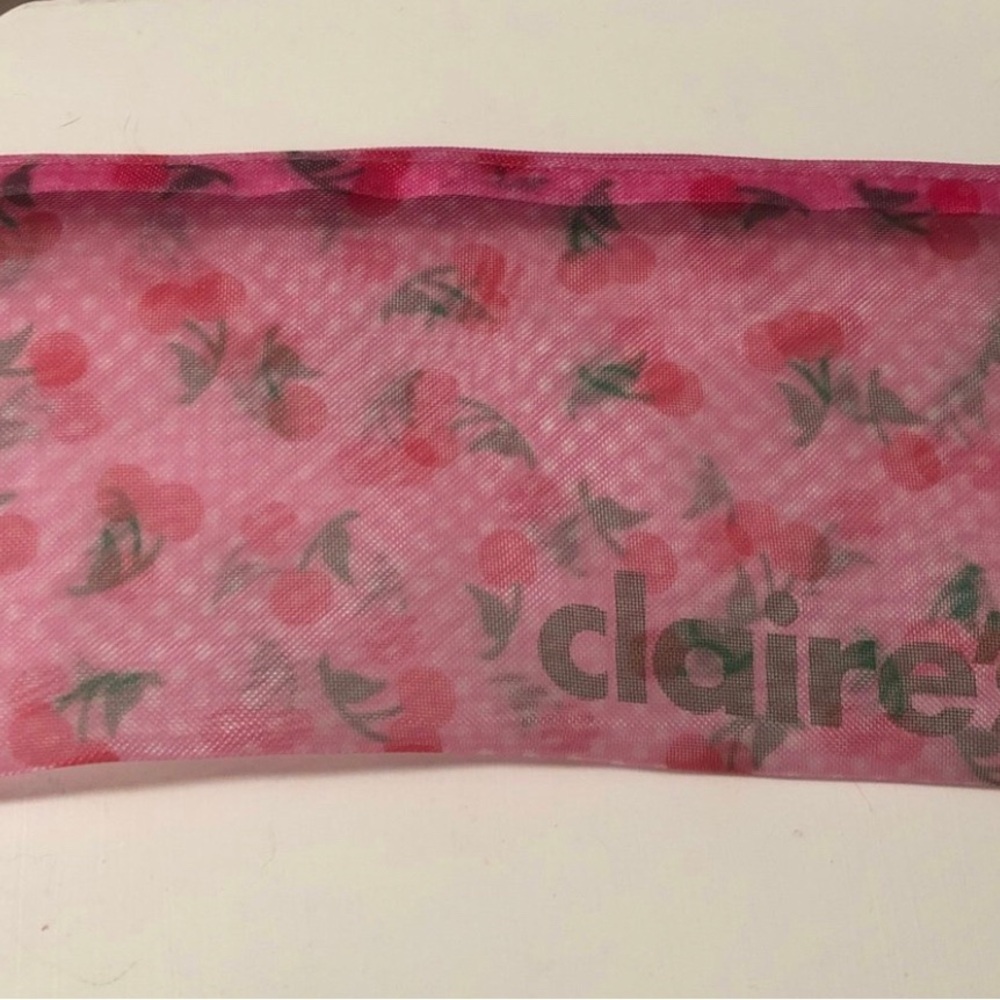 2004 Claire's Pink Cherry Mesh Pouch with Green Leaf Print